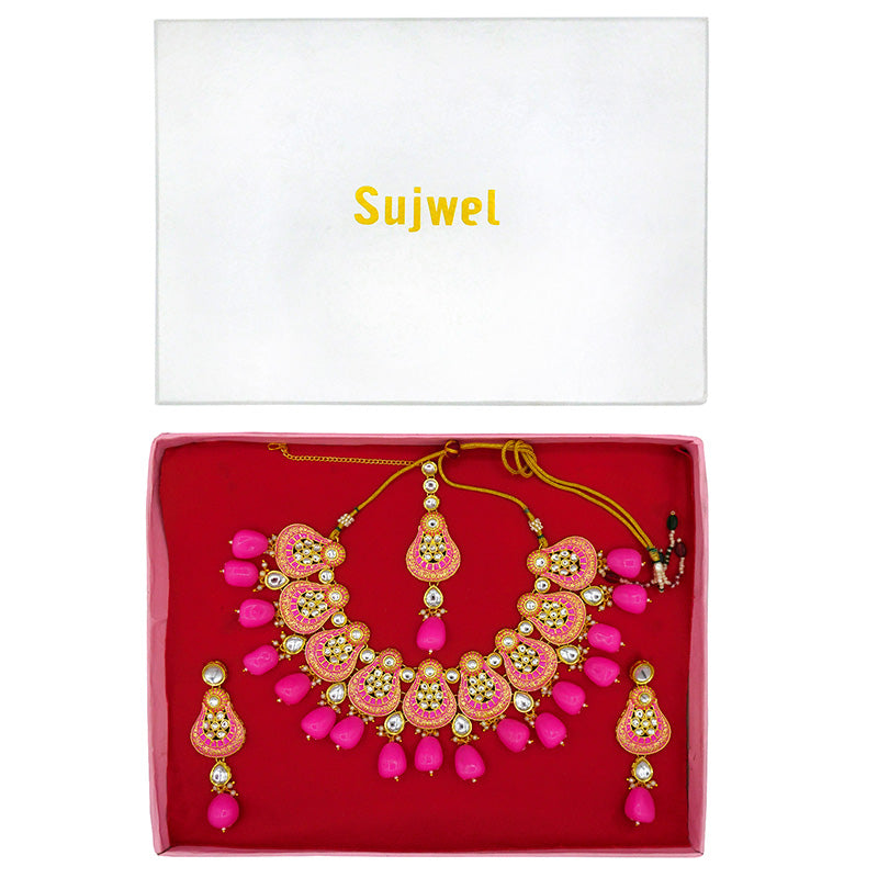 Sujwel Gold Plated Kundan Meenakari Choker Necklace Set (08-0447)
