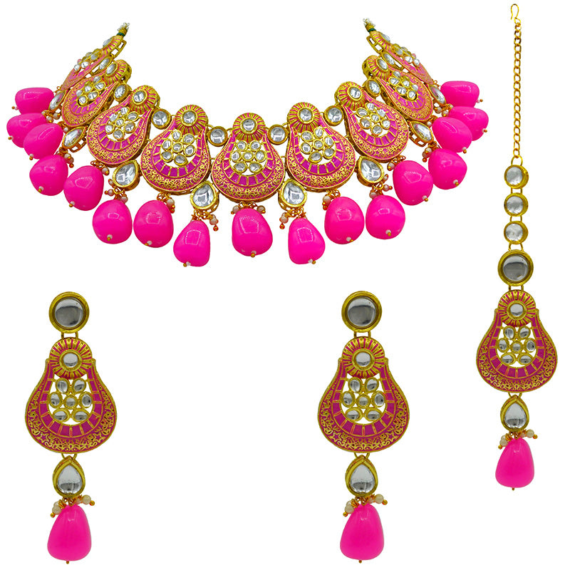 Sujwel Gold Plated Kundan Meenakari Choker Necklace Set (08-0447)