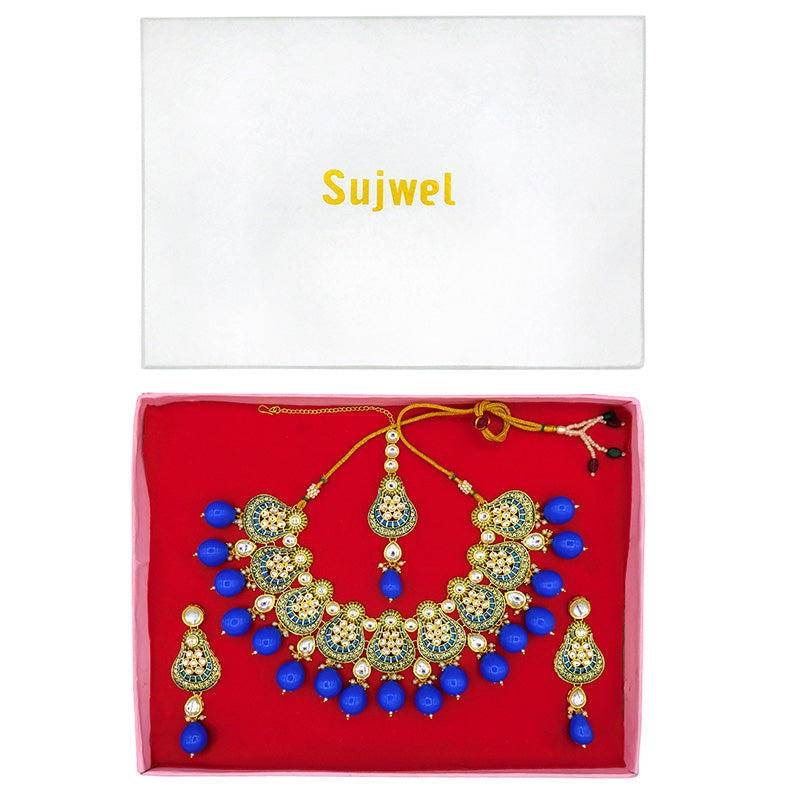 Sujwel Gold Plated Kundan Meenakari Choker Necklace Set (08-0447)