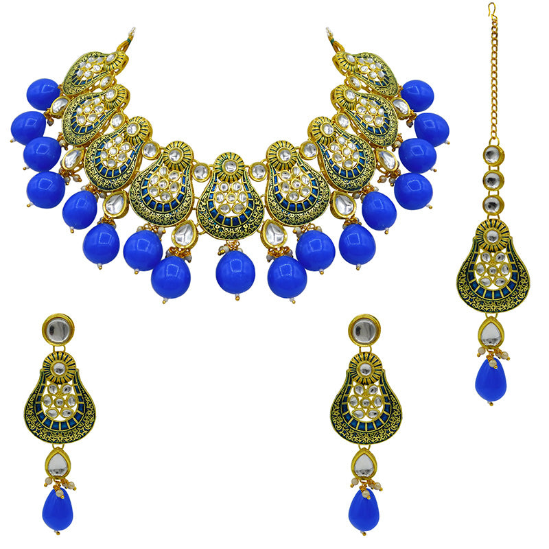 Sujwel Gold Plated Kundan Meenakari Choker Necklace Set (08-0447)