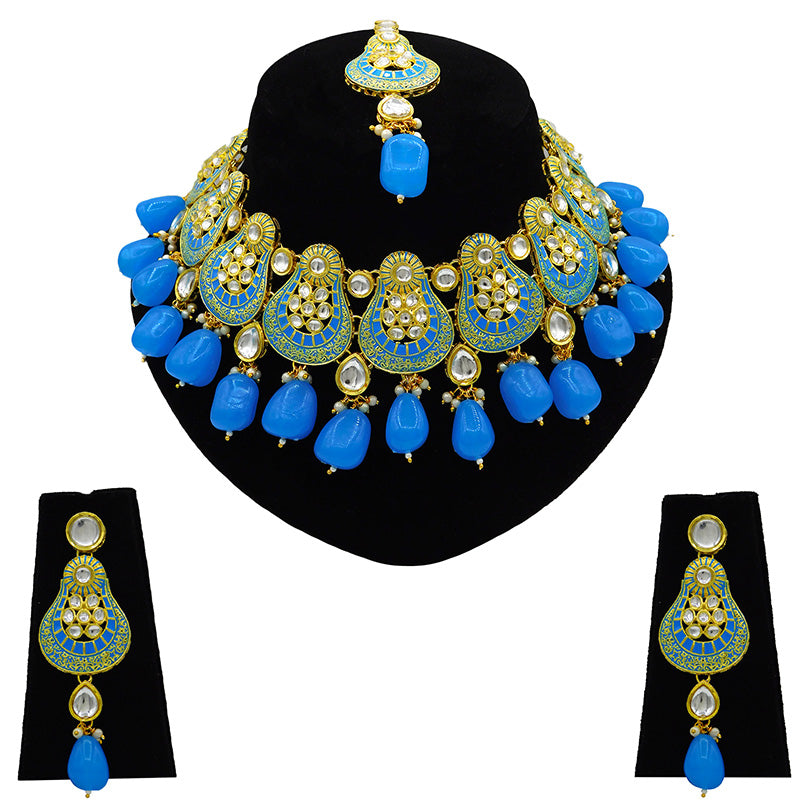 Sujwel Gold Plated Kundan Meenakari Choker Necklace Set (08-0447)