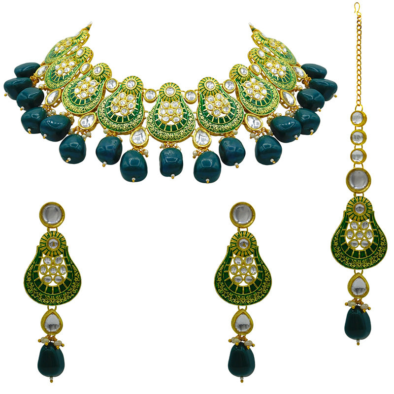 Sujwel Gold Plated Kundan Meenakari Choker Necklace Set (08-0447)