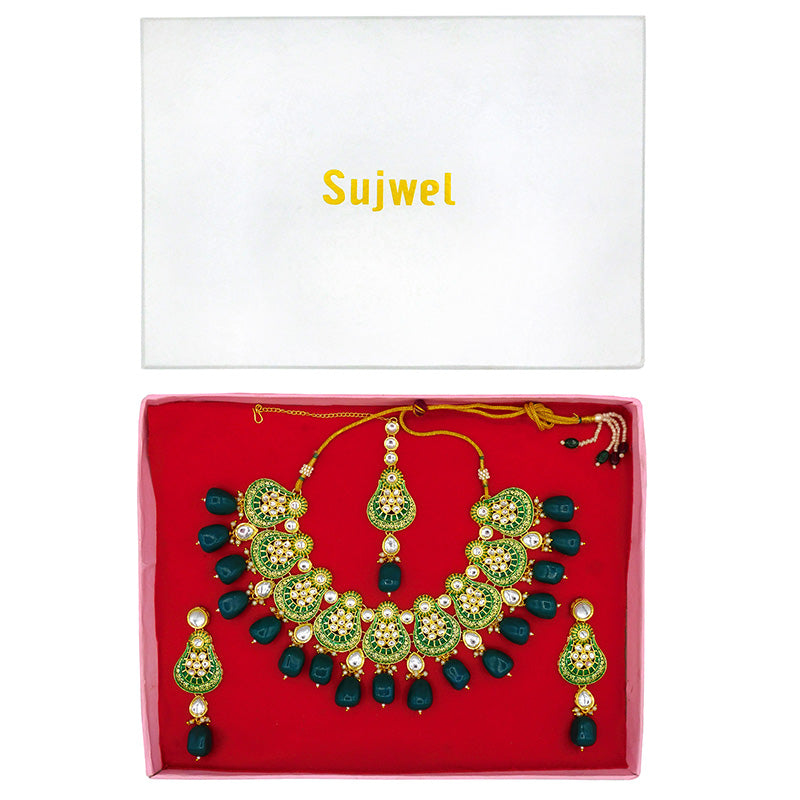 Sujwel Gold Plated Kundan Meenakari Choker Necklace Set (08-0447)