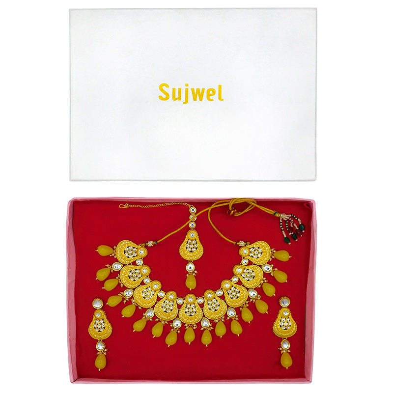 Sujwel Gold Plated Kundan Meenakari Choker Necklace Set (08-0447)