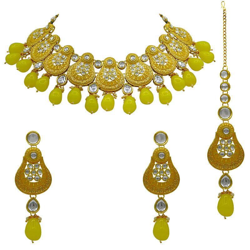 Sujwel Gold Plated Kundan Meenakari Choker Necklace Set (08-0447)