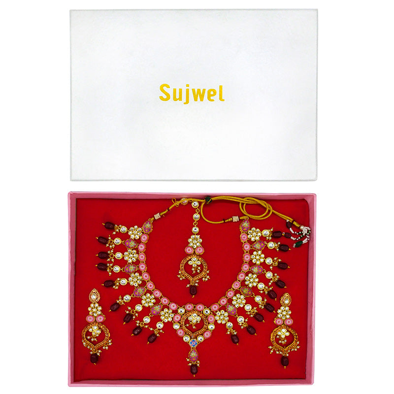 Sujwel Gold Plated Kundan Design Choker Necklace Set For Women (08-0450)