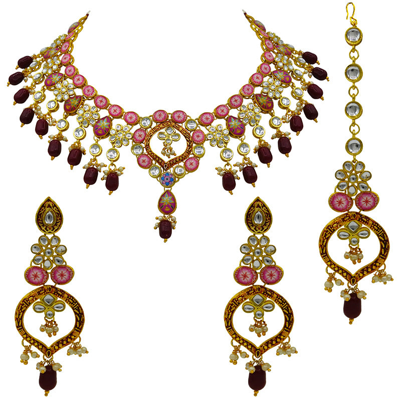 Sujwel Gold Plated Kundan Design Choker Necklace Set For Women (08-0450)
