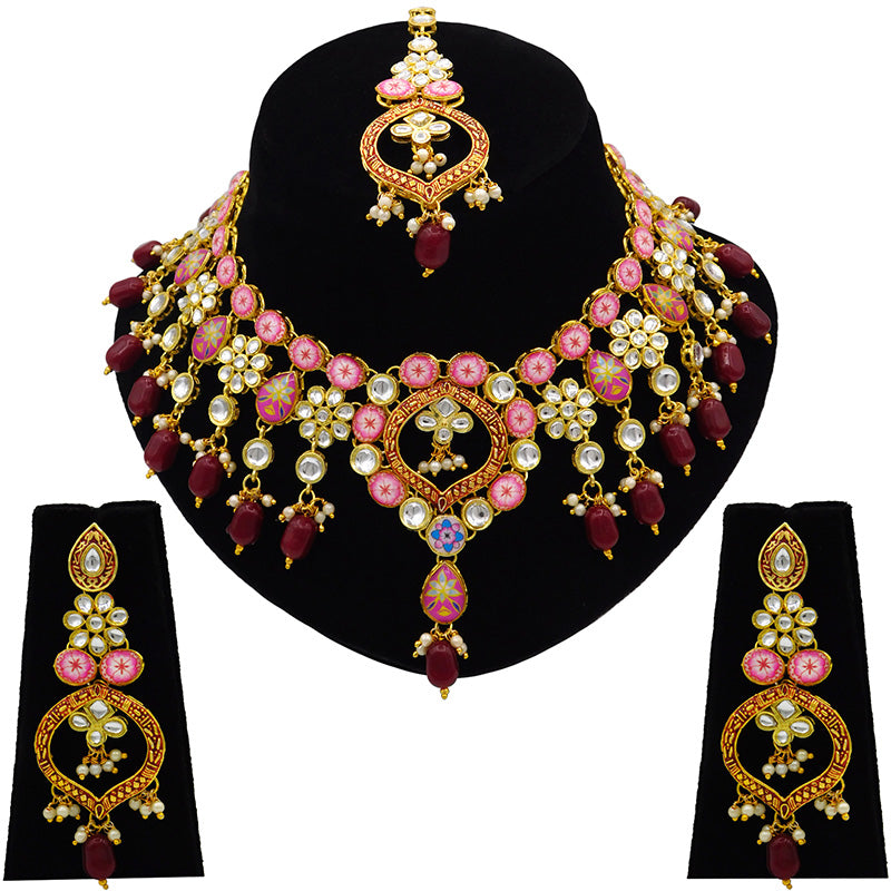 Sujwel Gold Plated Kundan Design Choker Necklace Set For Women (08-0450)