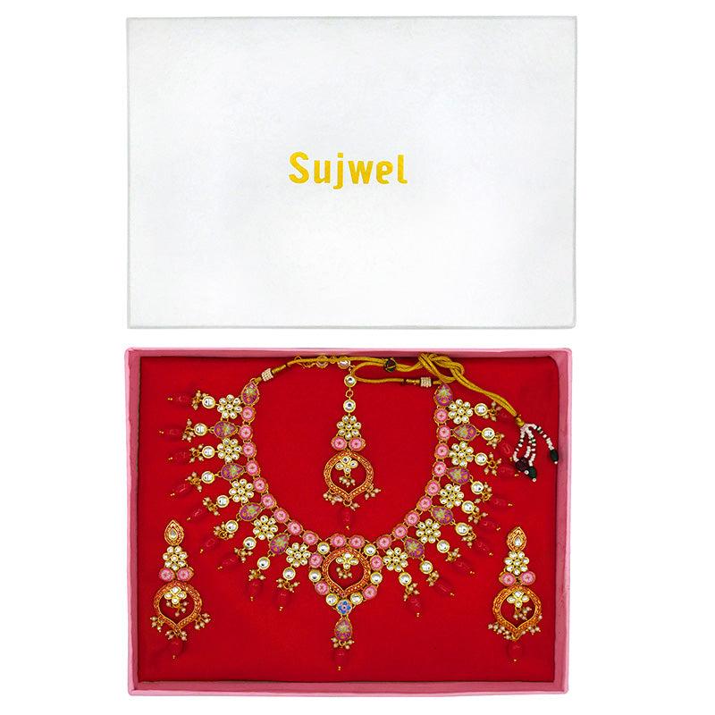 Sujwel Gold Plated Kundan Design Choker Necklace Set For Women (08-0450)