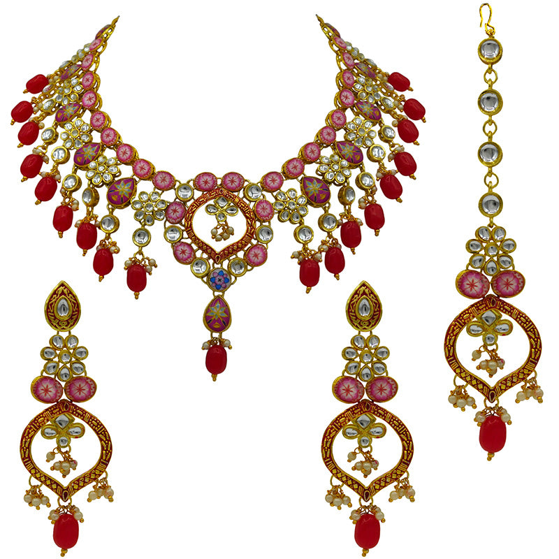 Sujwel Gold Plated Kundan Design Choker Necklace Set For Women (08-0450)