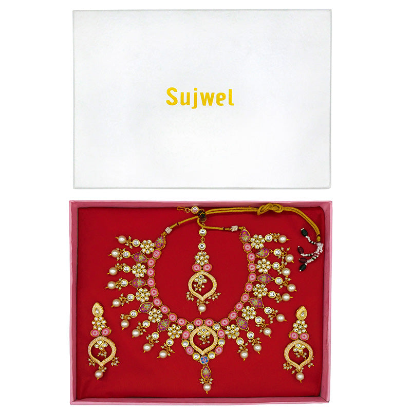 Sujwel Gold Plated Kundan Design Choker Necklace Set For Women (08-0450)