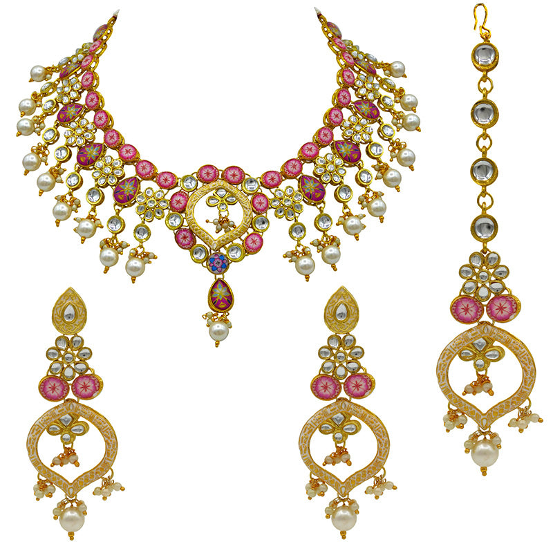 Sujwel Gold Plated Kundan Design Choker Necklace Set For Women (08-0450)
