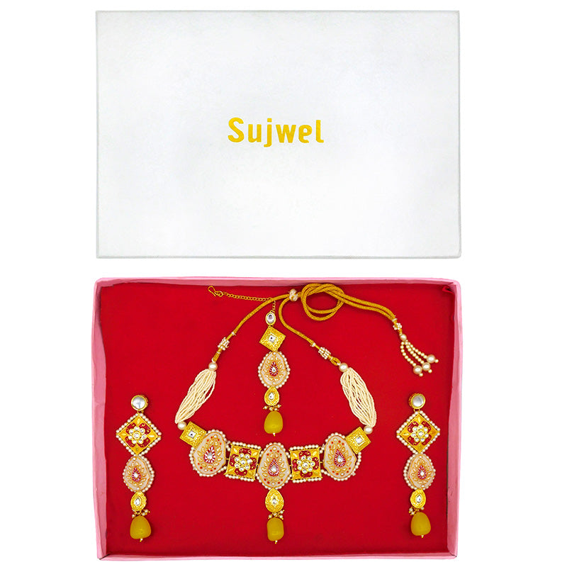 Sujwel Gold Plated Kundan Meenakari Choker Necklace Set for woman (08-0451)
