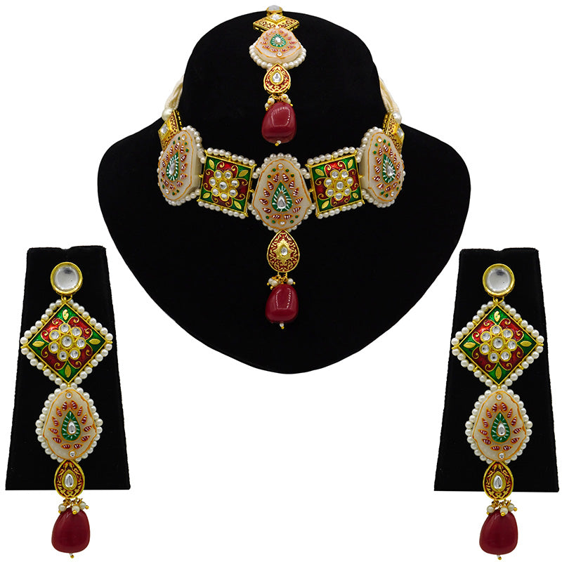 Sujwel Gold Plated Kundan Meenakari Choker Necklace Set for woman (08-0451)