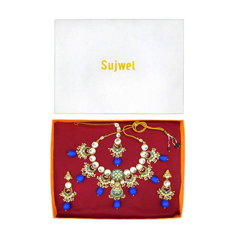 Sujwel Gold Toned Kundan Lamination Floral Design Necklace Set (08-0456)