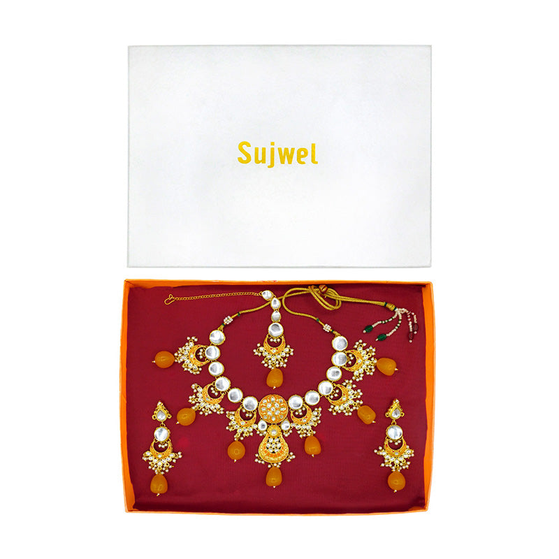 Sujwel Gold Toned Kundan Lamination Floral Design Necklace Set (08-0456)
