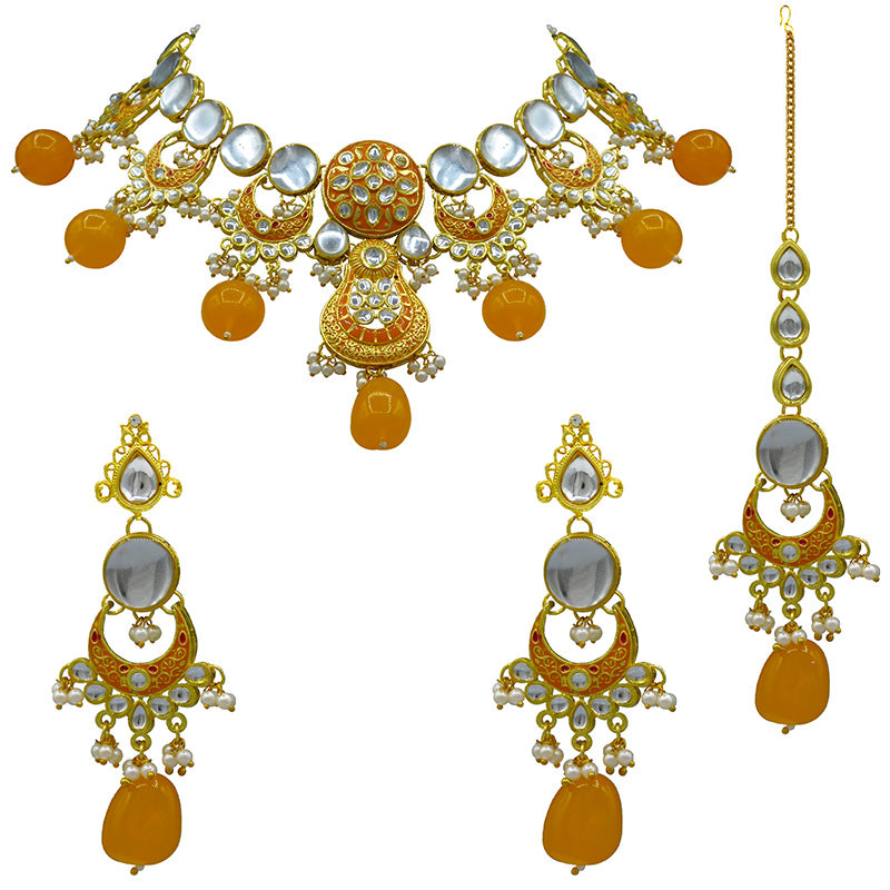 Sujwel Gold Toned Kundan Lamination Floral Design Necklace Set (08-0456)