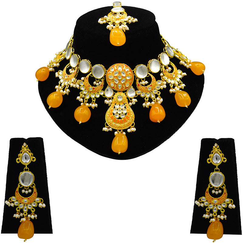 Sujwel Gold Toned Kundan Lamination Floral Design Necklace Set (08-0456)