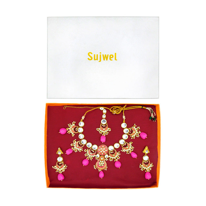 Sujwel Gold Toned Kundan Lamination Floral Design Necklace Set (08-0456)