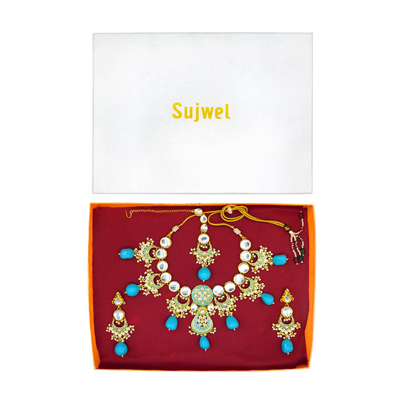 Sujwel Gold Toned Kundan Lamination Floral Design Necklace Set (08-0456)