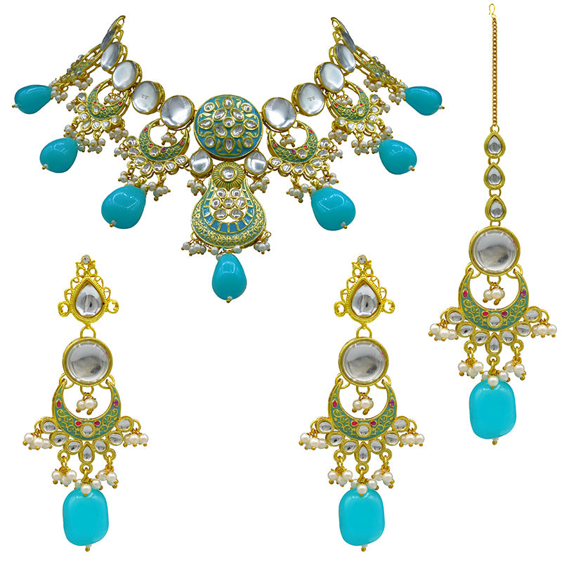 Sujwel Gold Toned Kundan Lamination Floral Design Necklace Set (08-0456)
