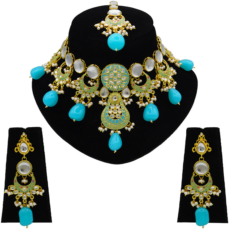 Sujwel Gold Toned Kundan Lamination Floral Design Necklace Set (08-0456)