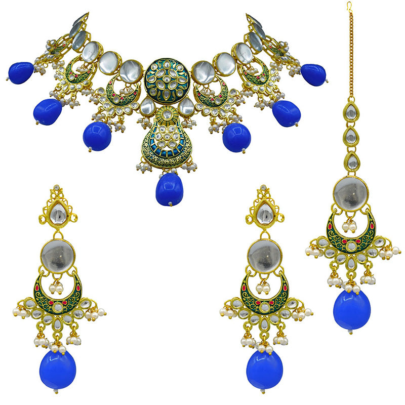 Sujwel Gold Toned Kundan Lamination Floral Design Necklace Set (08-0456)
