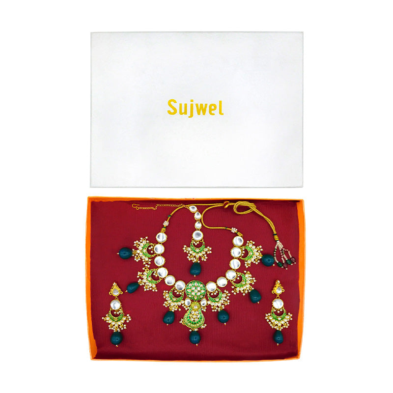 Sujwel Gold Toned Kundan Lamination Floral Design Necklace Set (08-0456)