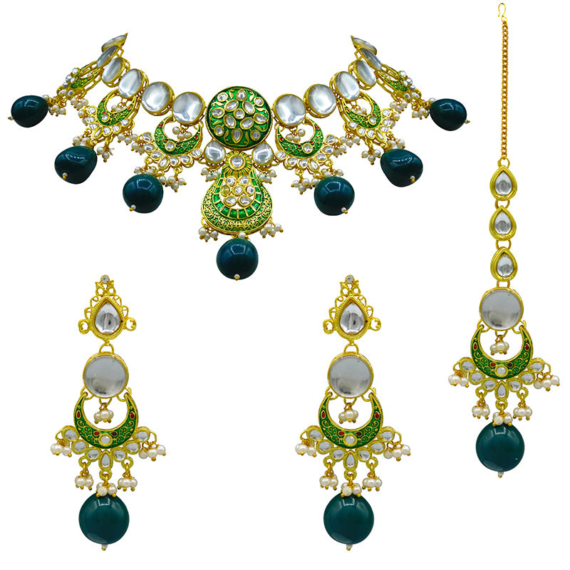 Sujwel Gold Toned Kundan Lamination Floral Design Necklace Set (08-0456)