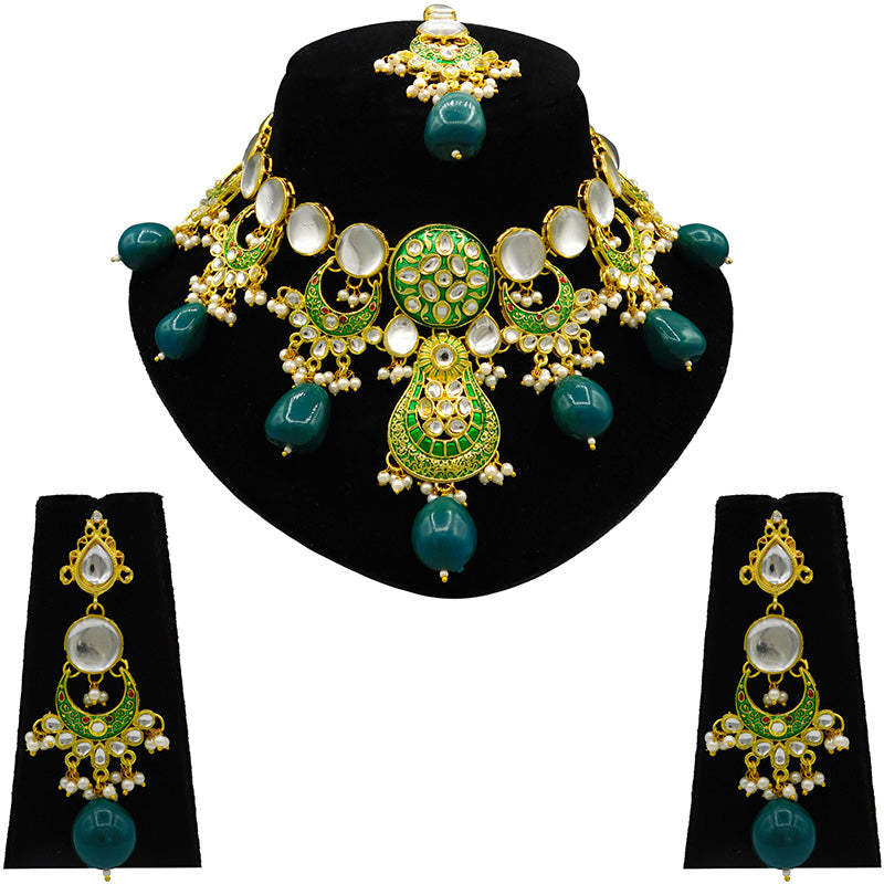 Sujwel Gold Toned Kundan Lamination Floral Design Necklace Set (08-0456)