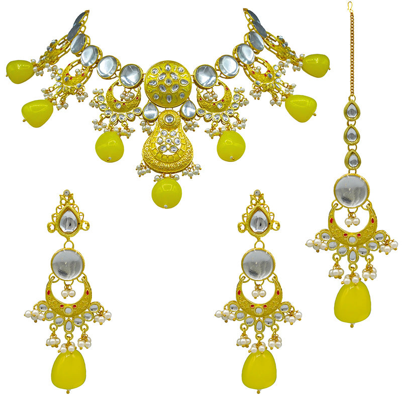 Sujwel Gold Toned Kundan Lamination Floral Design Necklace Set (08-0456)