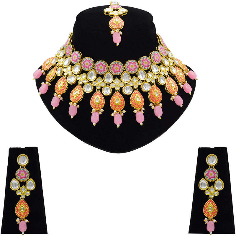 Sujwel Gold Plated Kundan Floral Design Choker Necklace Set (08-0459)