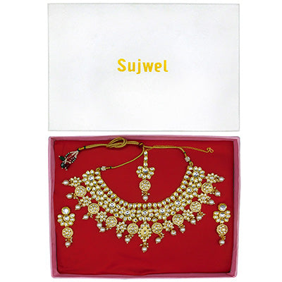Sujwel Gold Kundan Necklace And Earrings With Maangtikka (08-0508)