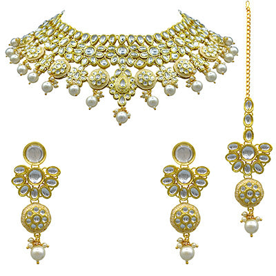 Sujwel Gold Kundan Necklace And Earrings With Maangtikka (08-0508)