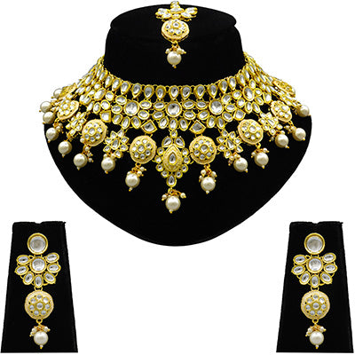 Sujwel Gold Kundan Necklace And Earrings With Maangtikka (08-0508)