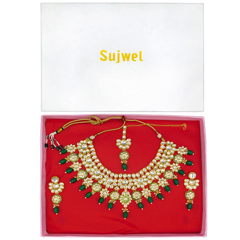 Sujwel Gold Kundan Necklace And Earrings With Maangtikka (08-0508)