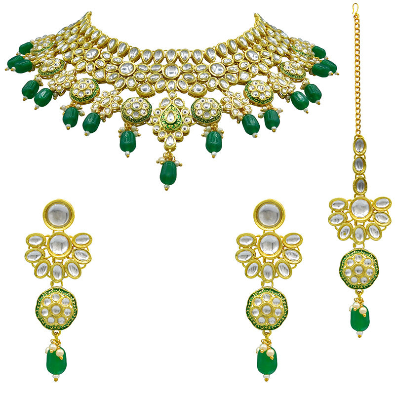 Sujwel Gold Kundan Necklace And Earrings With Maangtikka (08-0508)