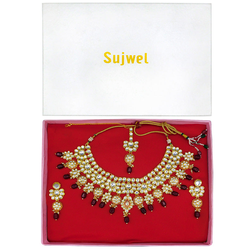 Sujwel Gold Kundan Necklace And Earrings With Maangtikka (08-0508)