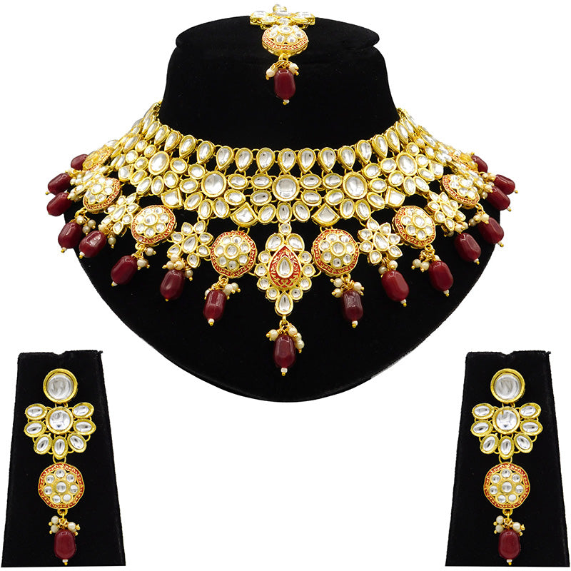 Sujwel Gold Kundan Necklace And Earrings With Maangtikka (08-0508)