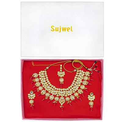 Sujwel Gold Kundan Necklace And Earrings With Maangtikka (08-0508)