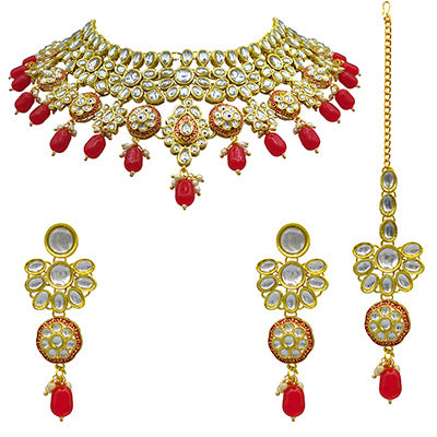 Sujwel Gold Kundan Necklace And Earrings With Maangtikka (08-0508)
