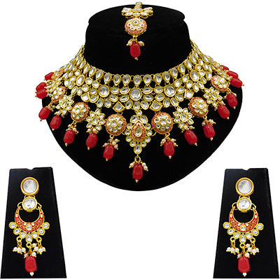 Sujwel Gold Kundan Necklace And Earrings With Maangtikka (08-0508)