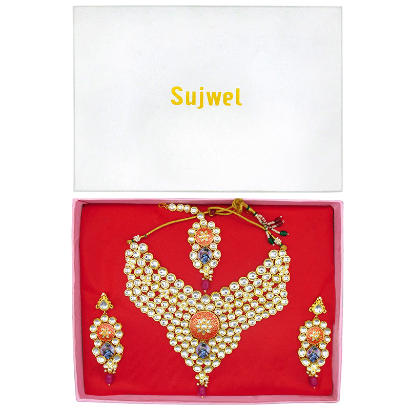Sujwel Gold Kundan Necklace And Earrings With Maangtikka (08-0509)