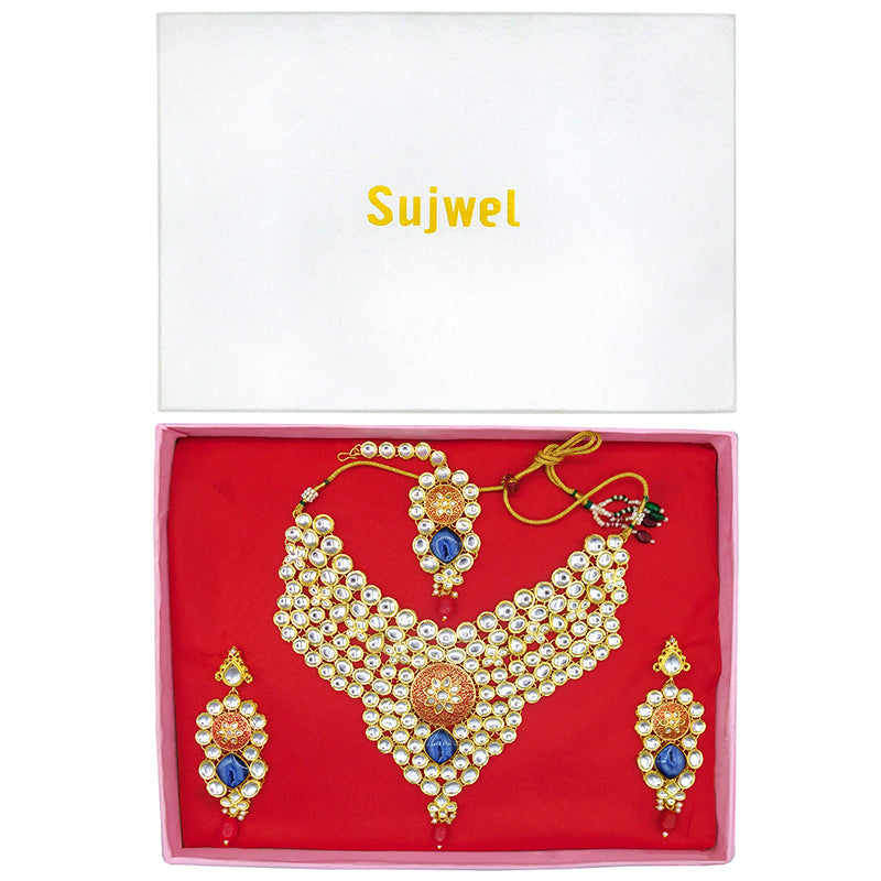 Sujwel Gold Kundan Necklace And Earrings With Maangtikka (08-0509)
