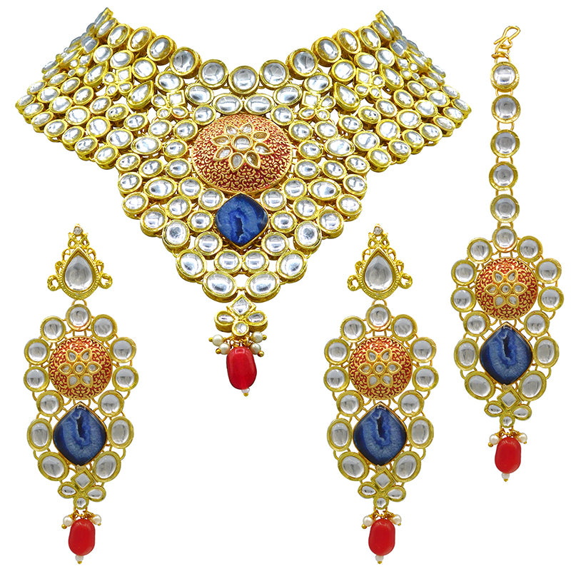 Sujwel Gold Kundan Necklace And Earrings With Maangtikka (08-0509)