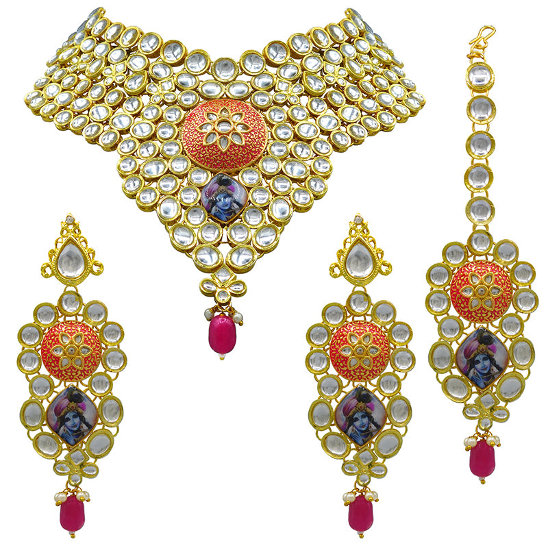Sujwel Gold Kundan Necklace And Earrings With Maangtikka (08-0509)