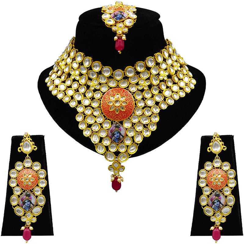 Sujwel Gold Kundan Necklace And Earrings With Maangtikka (08-0509)