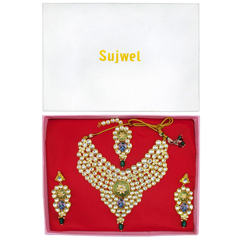 Sujwel Gold Kundan Necklace And Earrings With Maangtikka (08-0509)
