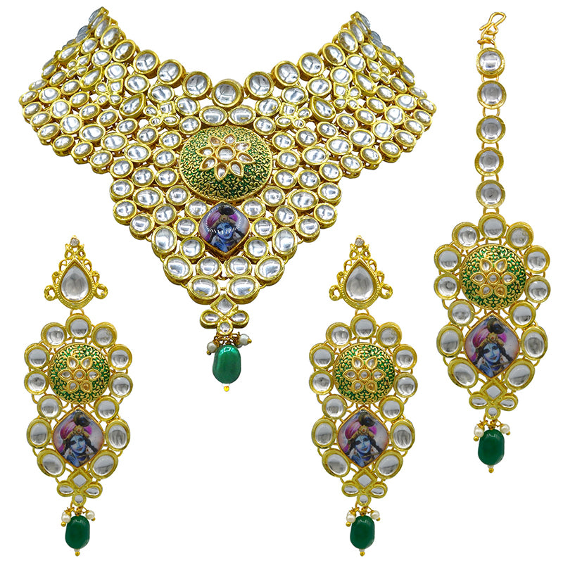Sujwel Gold Kundan Necklace And Earrings With Maangtikka (08-0509)
