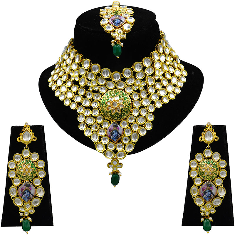Sujwel Gold Kundan Necklace And Earrings With Maangtikka (08-0509)